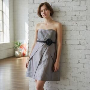 Da Vinci Strapless Gray Taffeta Formal Cocktail Mini Dress Bow Accent Size 12